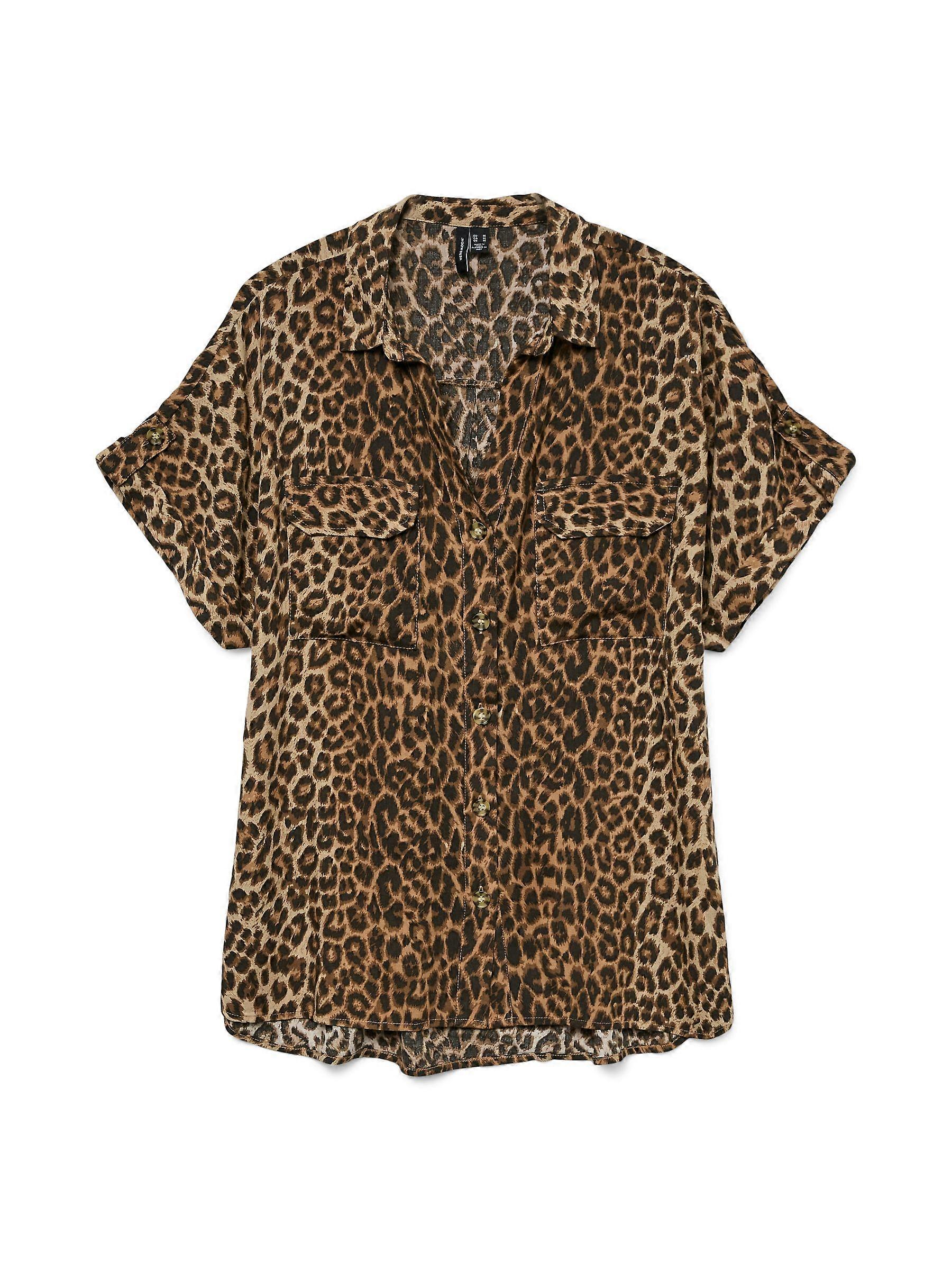 VERO MODA Leopard Print Shirt Short Sleeve Two Chest Pockets Button Placket