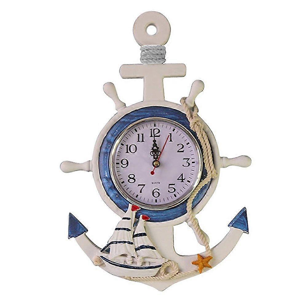 Mediterranean Style Anchor Clock Wall Decor with Nautical Wheel Design for Beach Themed Home Decoration
