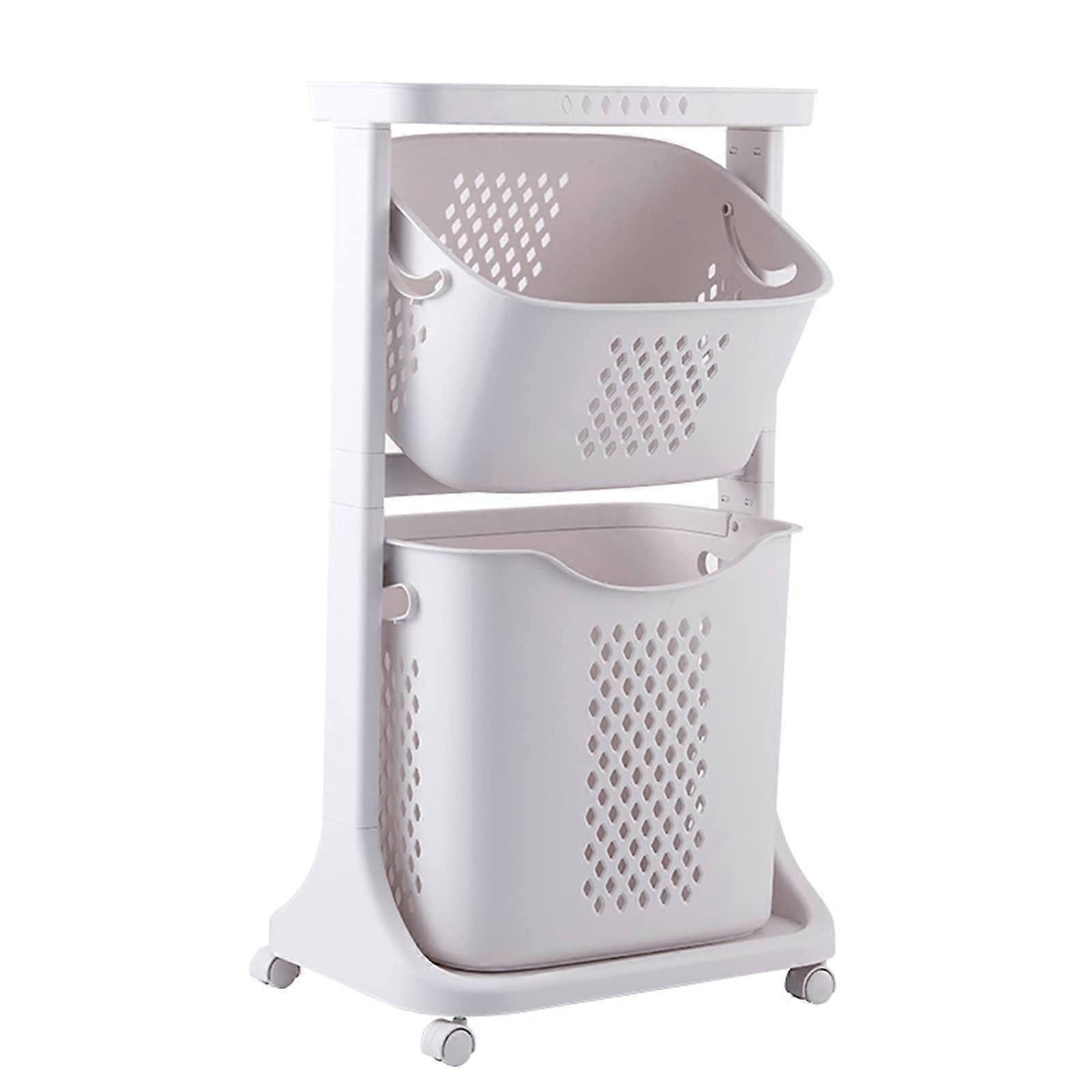 Plastic Rolling Laundry Basket Slim Tall Vertical Sorter Hamper With Wheels Storage Shelf White 2-Tier