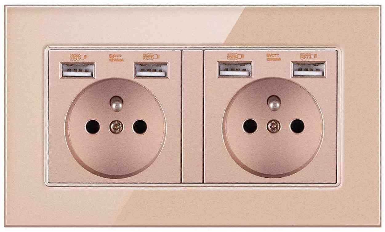 Eu Plug Wall Double Socket 16A 250V With 4 USB Electrical Outlets Golden Glass Panel French Power Sockets