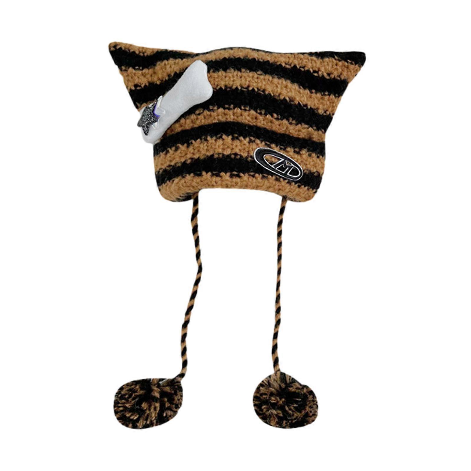 Adult Knit Cat Ear Hat with Bone Star Decor Cute Students Outdoor Cycling Skiing Hat Winter Keep Warm Hat for Couple  black orange stripes