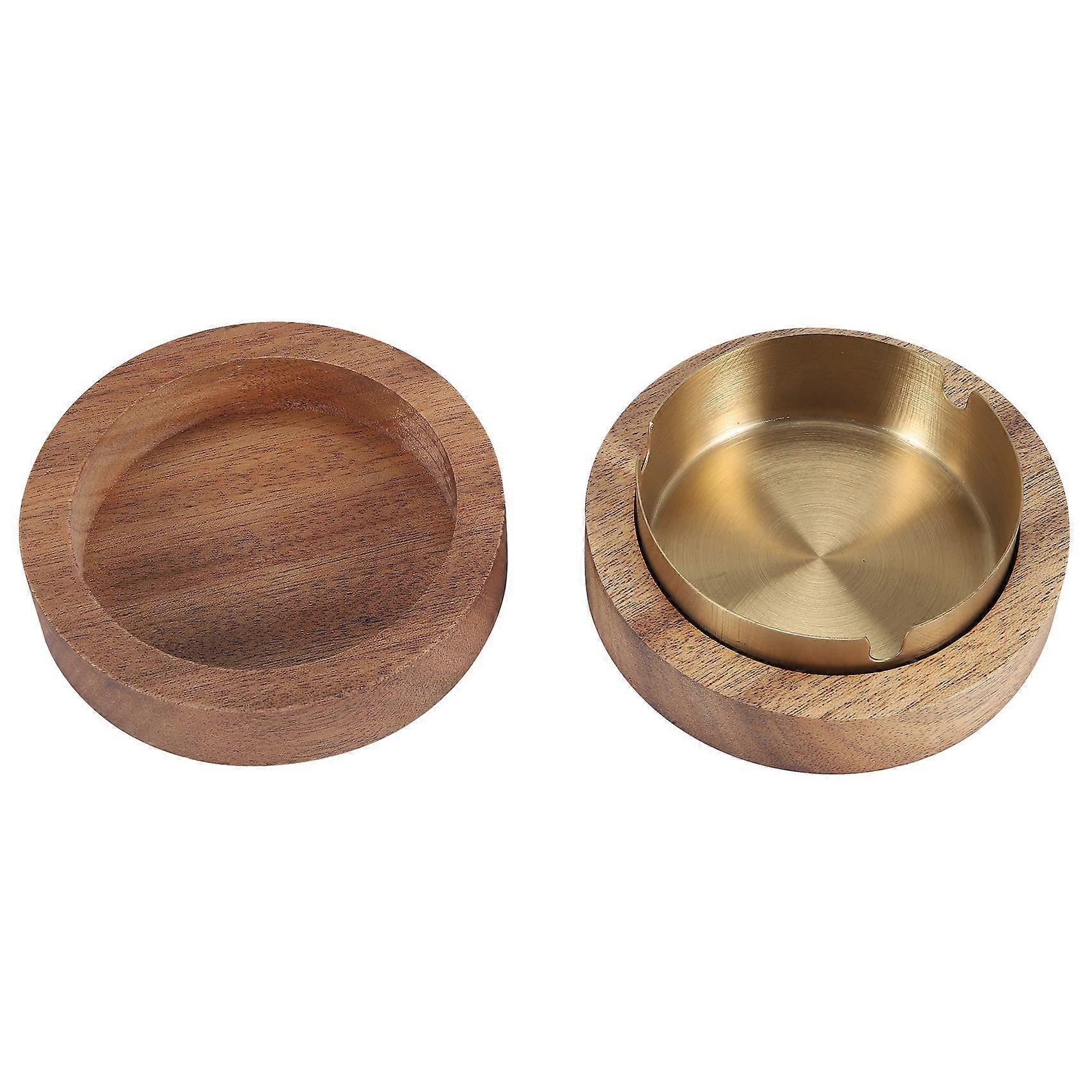 Walnut Ashtray with Lids Windproof Wooden Ashtray(Gold)
