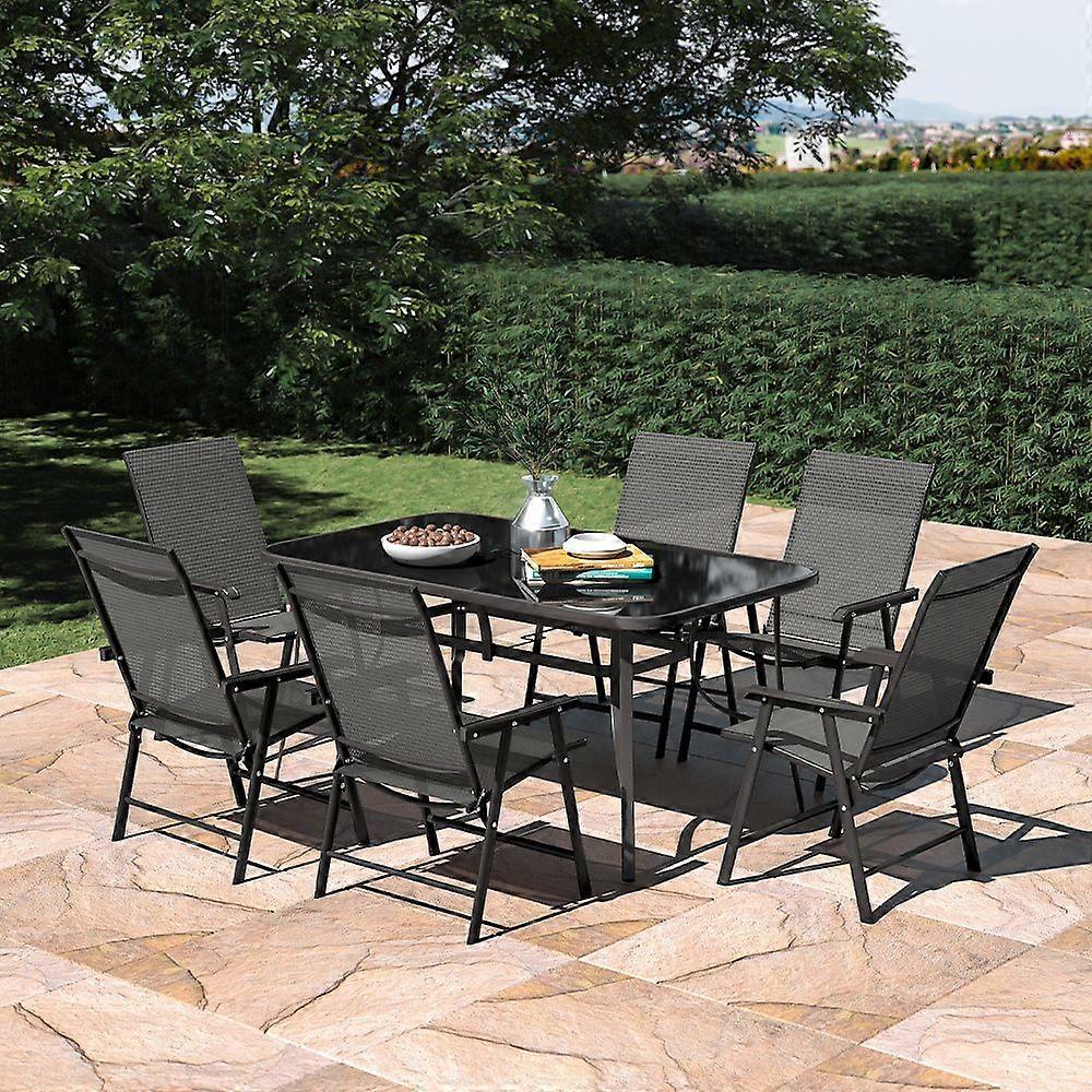 Set of 7 Garden Glass Umbrella Table and Folding Chairs Set