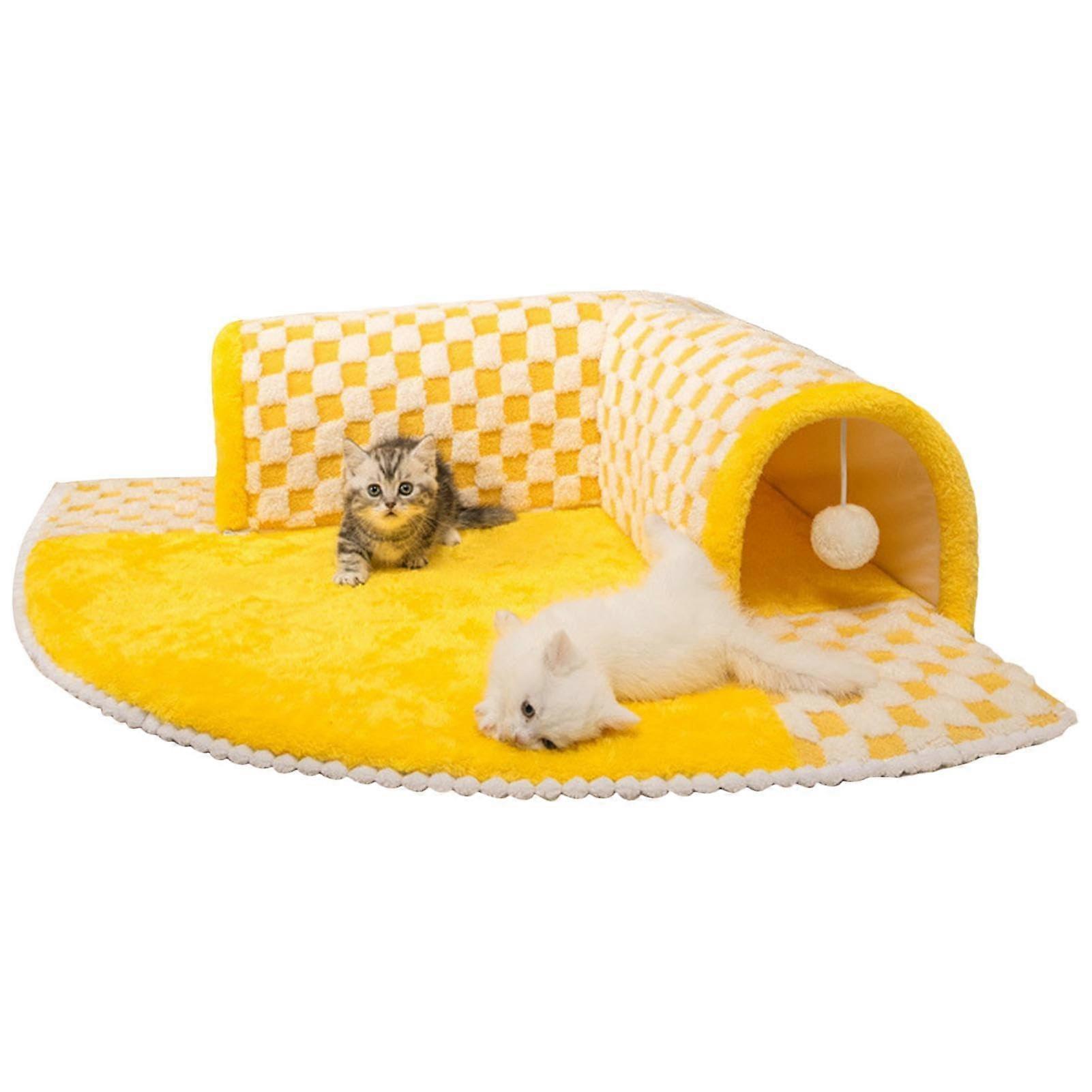 Cat Bed Tunnel for Kittens and Puppies, 23.62x23.62x8.66 Inches, Yellow Plush Cushion with Detachable Balls, Non-Slip Bottom