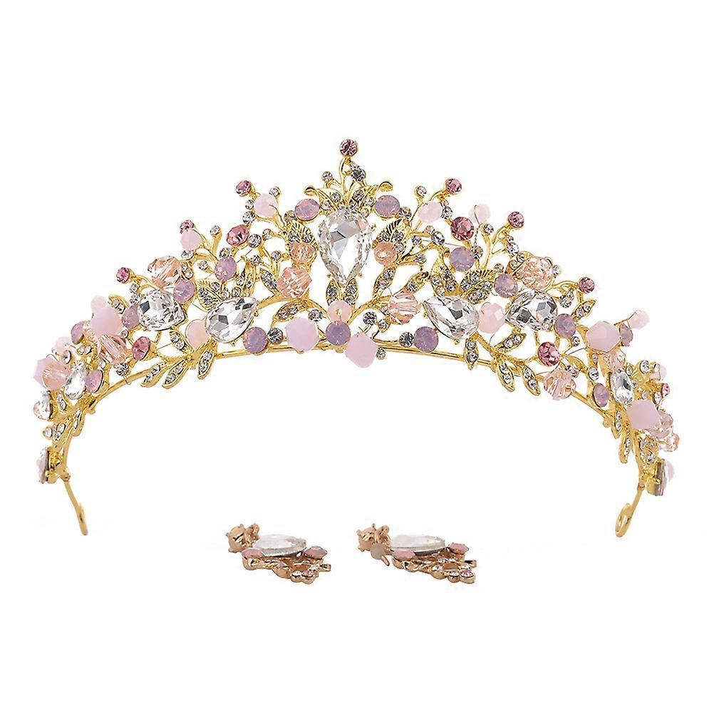 Elegant Baroque Crown and Earrings Set with Rhinestone and Alloy for Bride in Golden Color