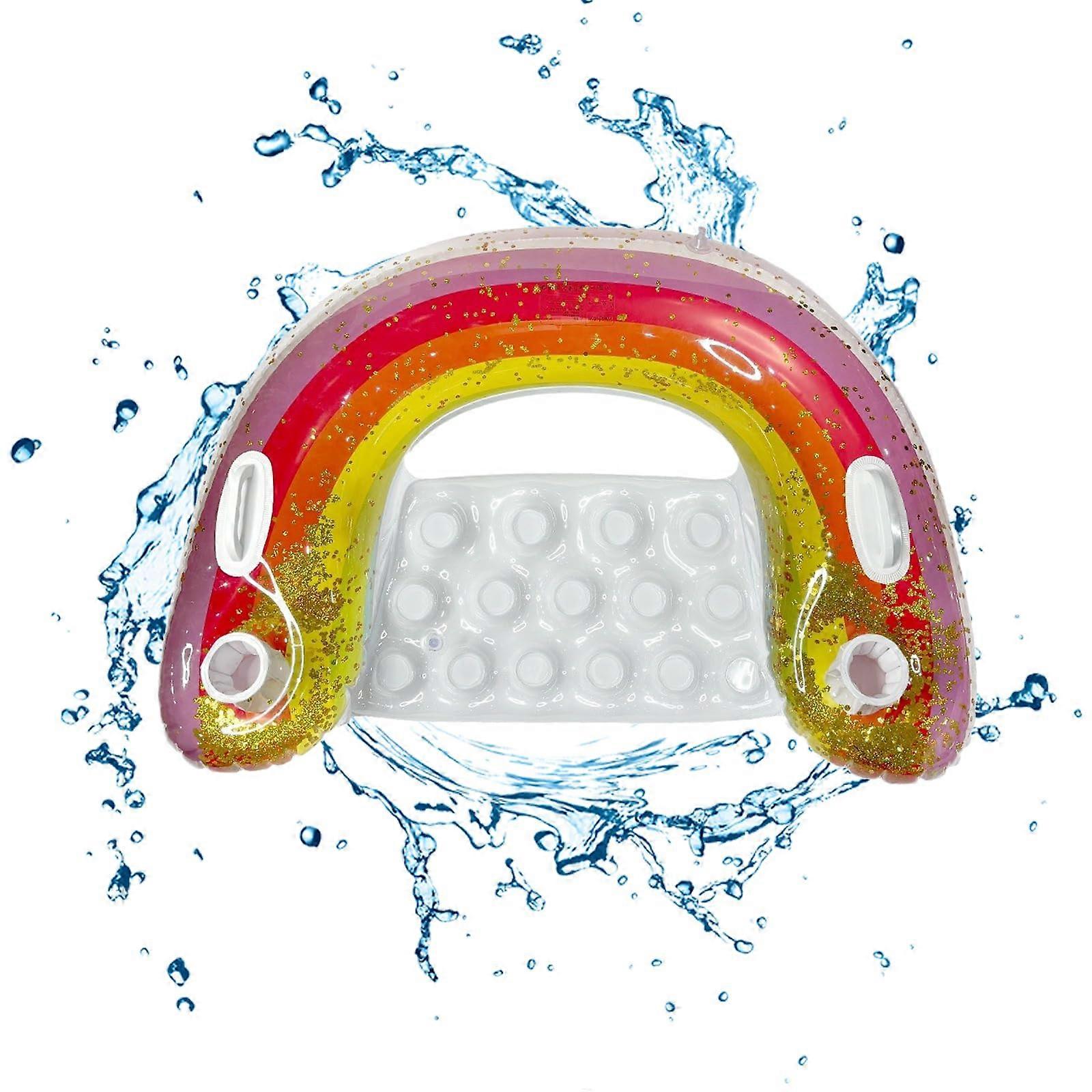 Rainbow Pool Lounger, Inflatable Water Hammock with 2 Cup Holders for Adults and Children