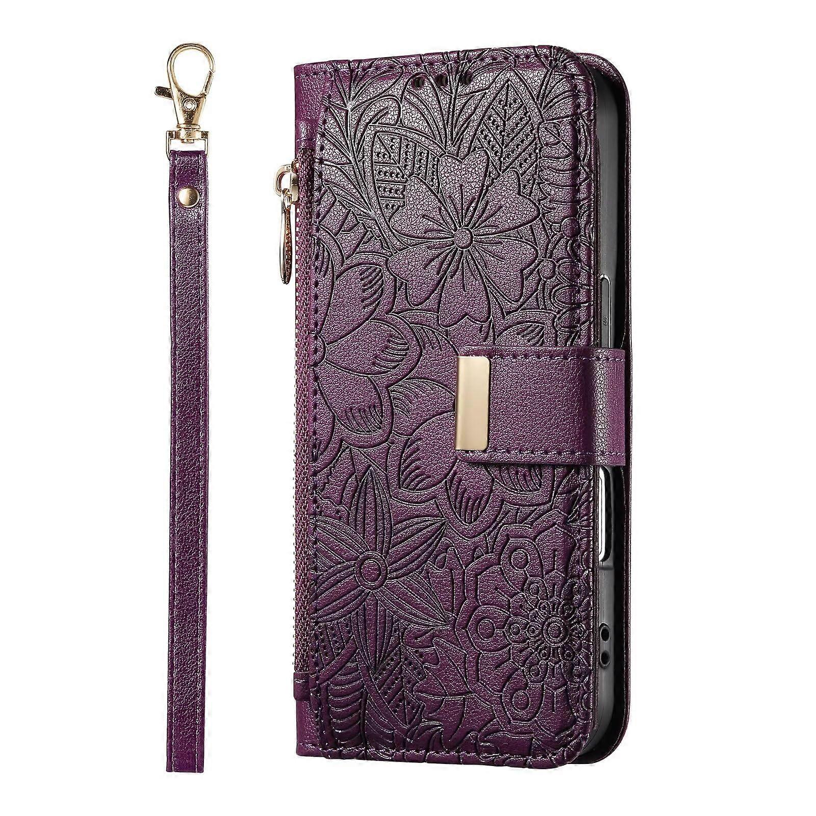Wallet Case for Samsung Galaxy S24 Plus, Purple Premium Leather Floral Design, Shockproof Flip Cover with Card Slots and Zipper
