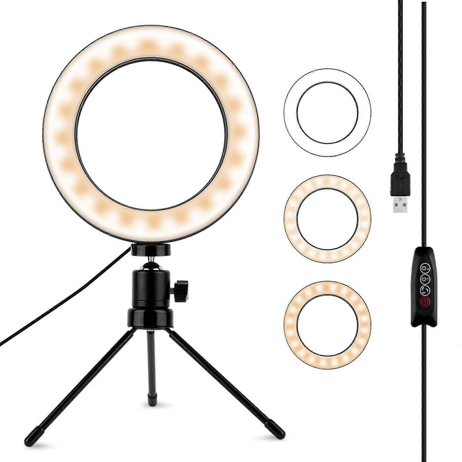 Dimmable LED Ring Light Desktop USB Ring Light With Metal Tripod Rechargeable Via USB 3 Light Modes 10 Inch Black