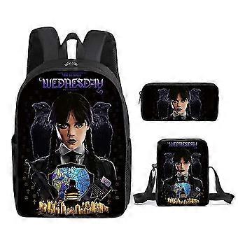 Driedelige set nieuwe Wednesday Addams schooltas Adams Wednesday rugzak voor basisschool- en middelbare scholieren, kindercadeau 26s