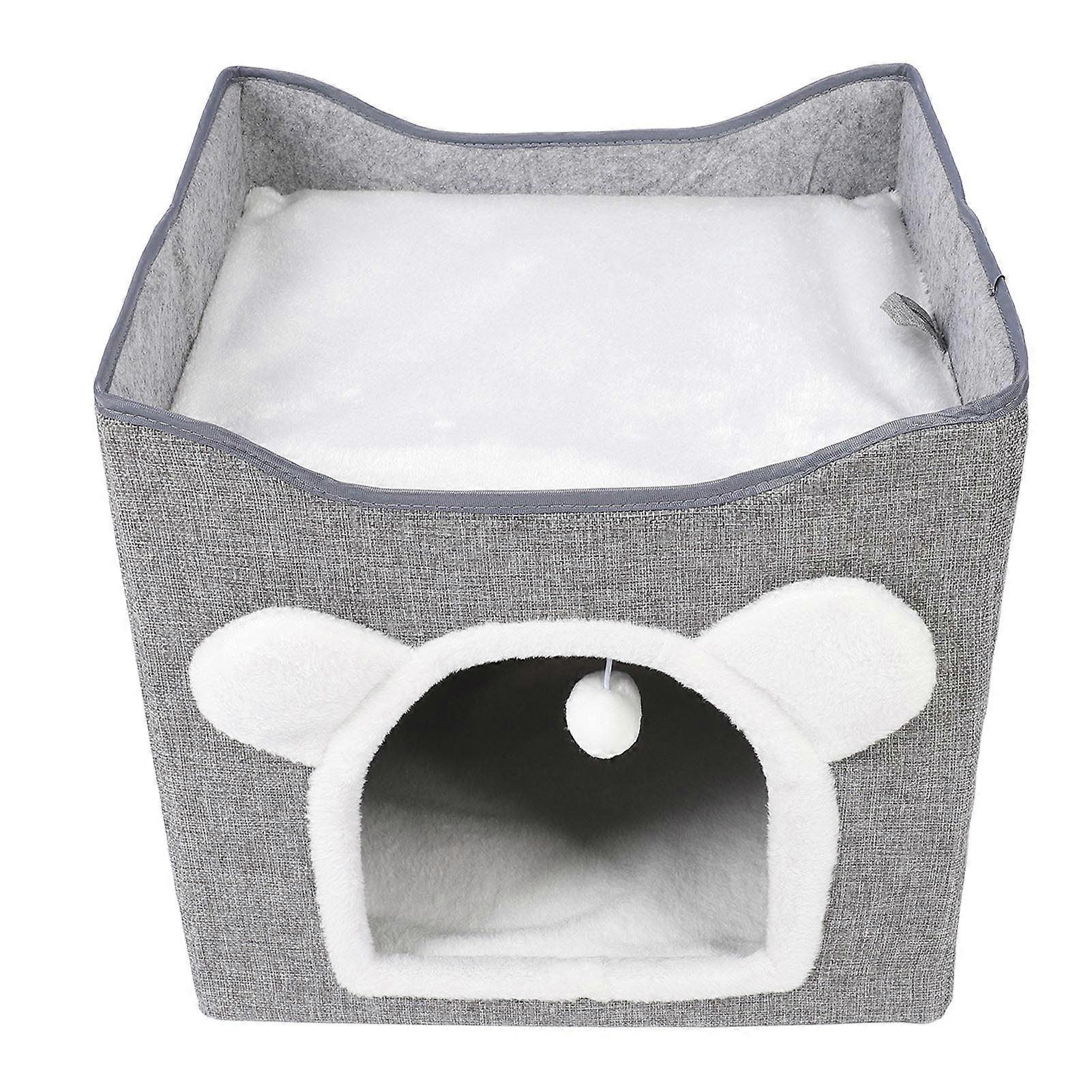 Foldable Cat Hideaway with Hanging Ball Scratch Plate Cat House Cat Bed Cave for Small Pet Kitten Gray 