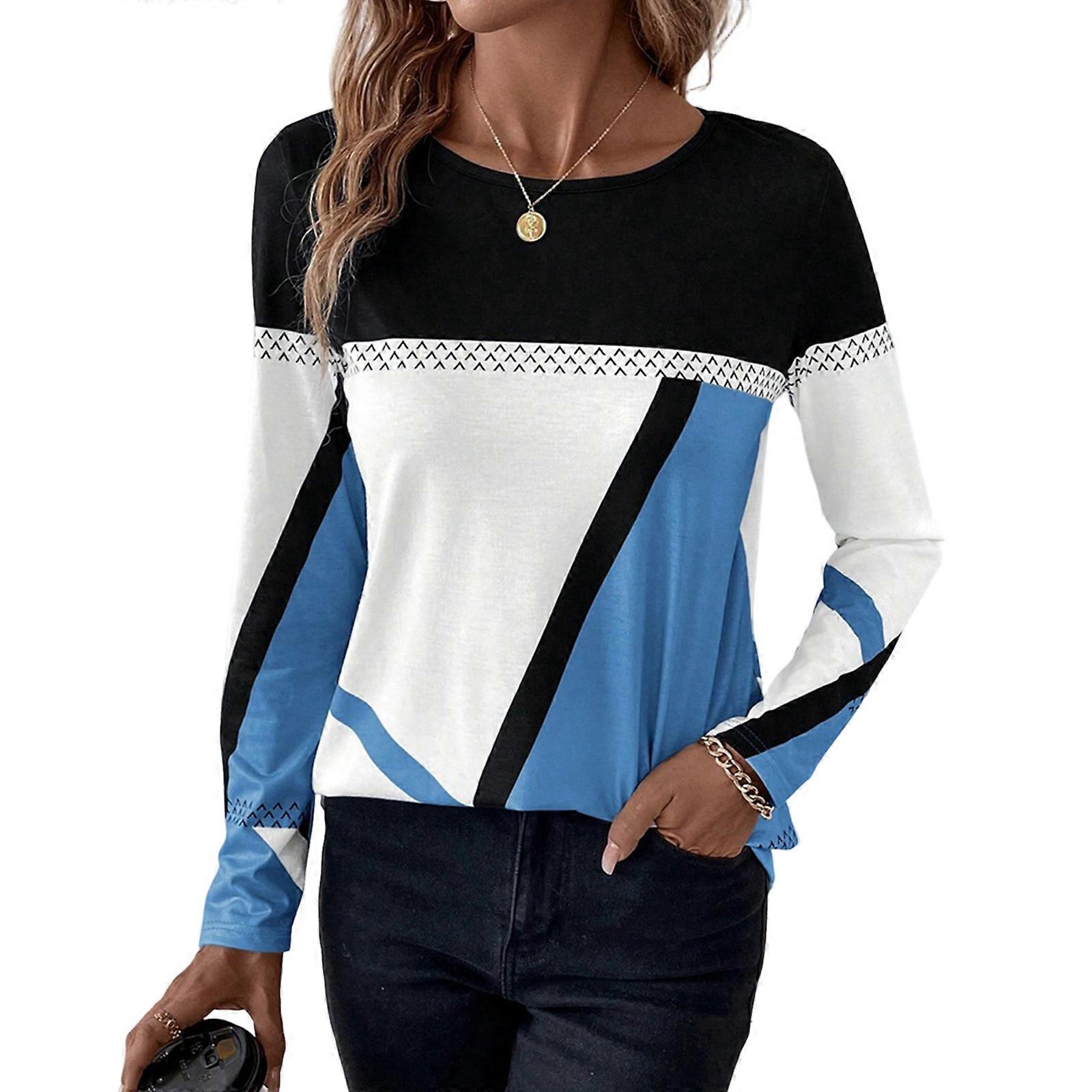 Women's Printed Long-Sleeved Round Neck Geometric Patchwork Casual Top  Sky Blue XL