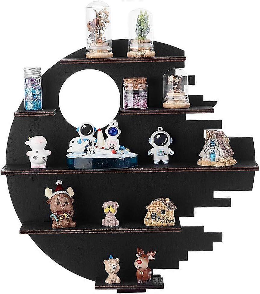 Wooden Crescent Moon Shelf Wall Decor 5-Tier Floating Shelves Black Wall Mounted Minifigures Organizer Display Shelf Figurine Display Shelf Wall Mount