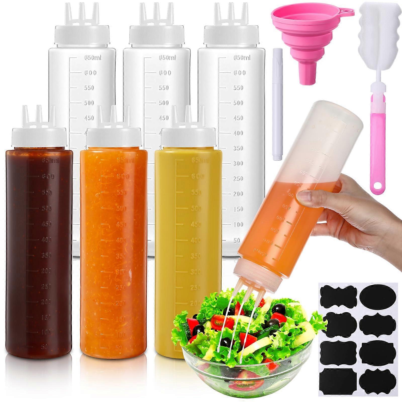 6 Pcs 22 oz Plastic Squeeze Bottles for Sauces, 3Hole Condiment Dispenser Set with Labels and Funnel