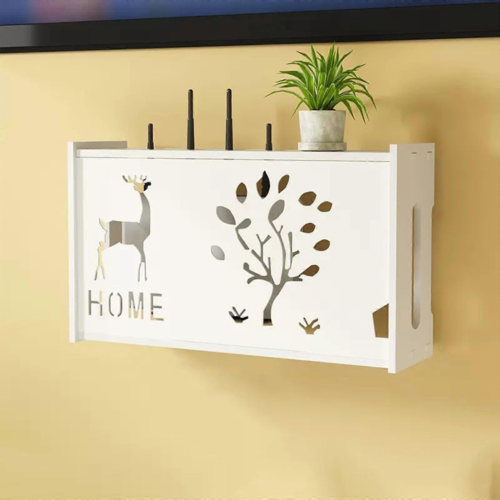 Wooden Wall Mounted WiFi Router Organizer Box with Cable Management and Ventilated Design, 40cm White Tree