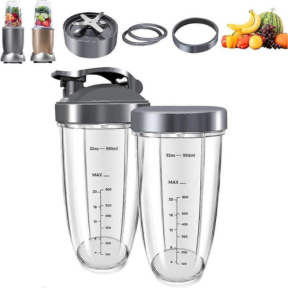 8 Pieces Blender Cups & Blade Replacement Set , 2 PCS 32oz Cups & Premium Extractor Blades