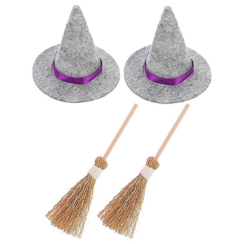 Mini Hats and Broom Set for Halloween Decor Consisting 2Sets