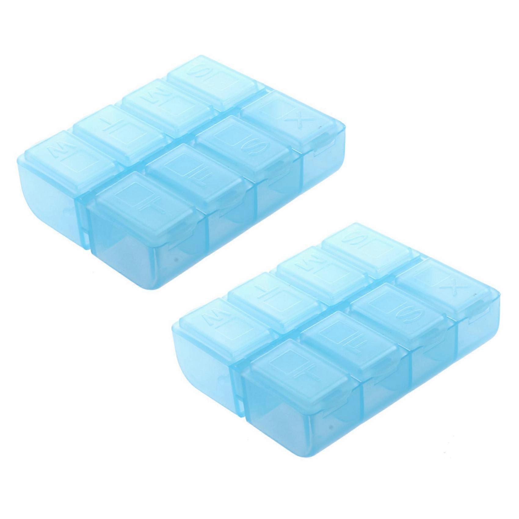 2X Plastic Rectangle 8 Compartments 7 Days Medicine Pill Box Blue
