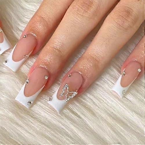 Medium Nude French Tip Press On Nails with 3D Butterfly Rhinestones Coffin Shape Reusable Set