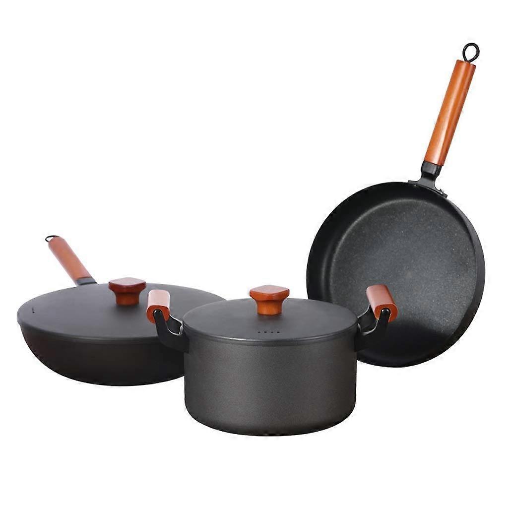 Cast Iron Cookware Set 3PC NonStick Lotus Leaf Thick Bottom Durable Pot for Camping and Kitchen