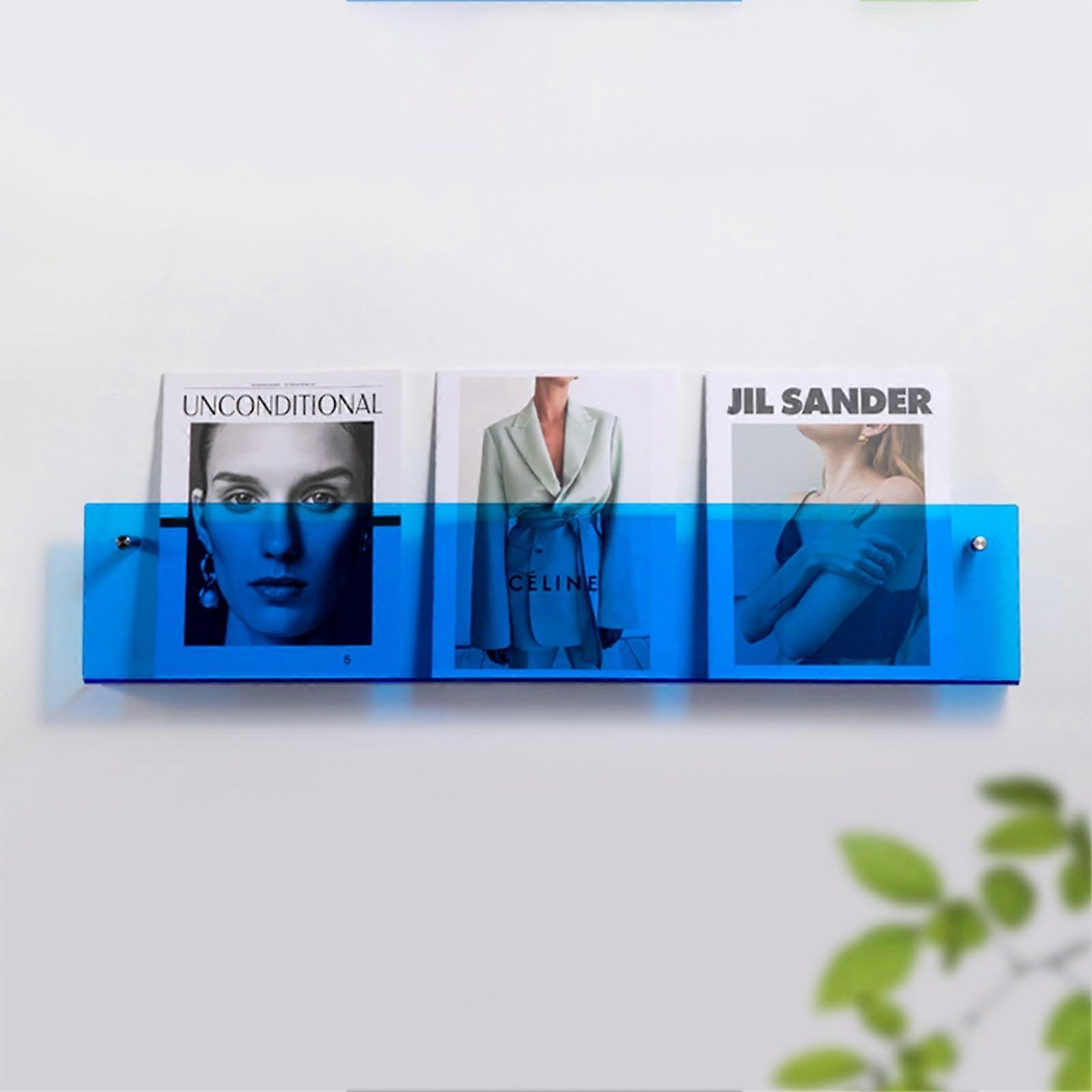 Wall Mounted Magazine Rack Clear Blue Acrylic A4 Brochure Holder SpaceSaving Display 80cm