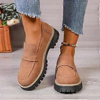 Damenschuhe, Loafer mit dicker Sohle, mattierter runder Zehenpartie, mittelhohem Absatz, Retro-Stil, bequem, Herbst/Winter, braun