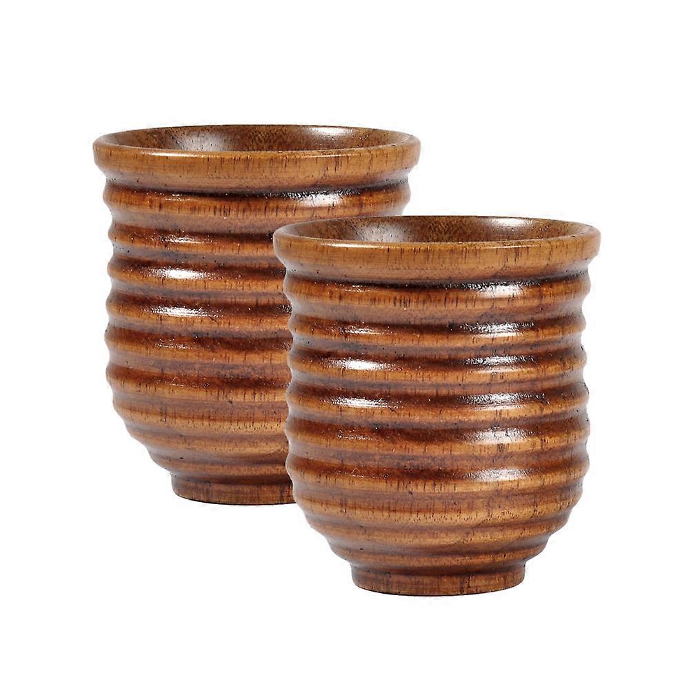 Wooden Tea Wine Pattern Cup for Drinking 2Pcs Light Brown