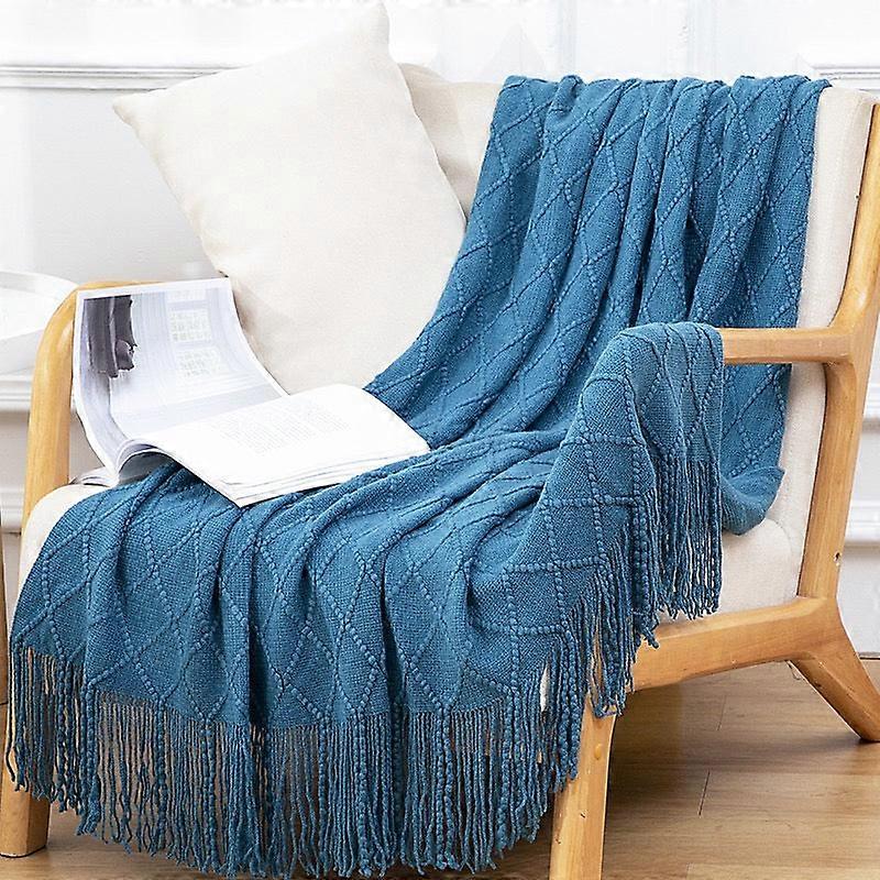 Textured Throw Blanket Solid Soft For Sofa Couch Decorative Knitted Blanket,diamond Texture ,blue