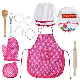 Juego de chef infantil con delantal de bambú rosa, completo, 11 piezas.