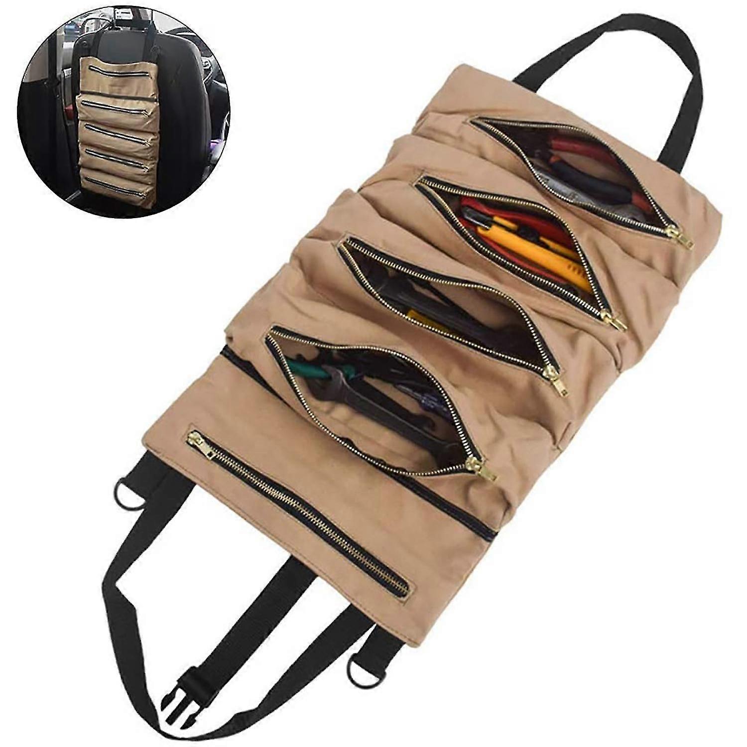 Roll-up Tool Bag With 5 Multi-function Canvas Zipper Pockets1pcs-khaki