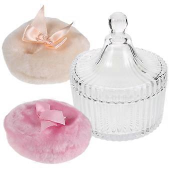 1 Set Body Powder Puff And Container - Glass Container With Handle For Travel And Home - Makeup Puff For Dusting Powder