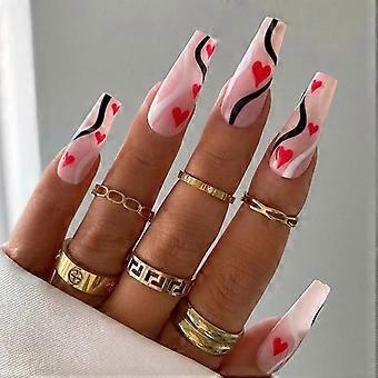 Valentine's Day Press On Nails Long Coffin Fake Nails Red Heart and Black Swirl Design Acrylic Set 24Pcs