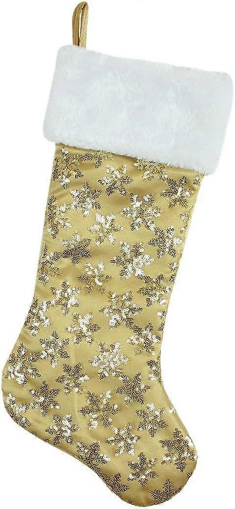 Chaussette de Noël de 52 cm (20,5 po) à paillettes dorées et flocons de neige, avec revers en fausse fourrure blanche.