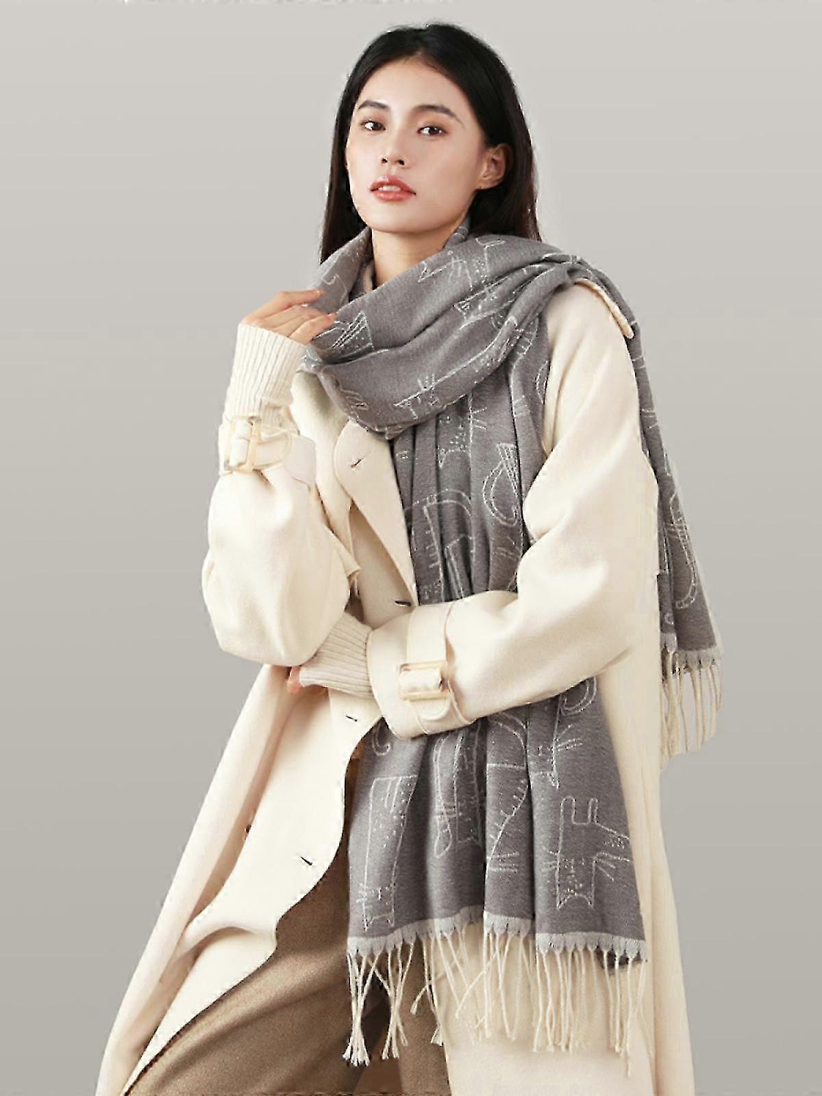 Women's Cat Pattern Polyester Tassel Scarf Shawl, Grey