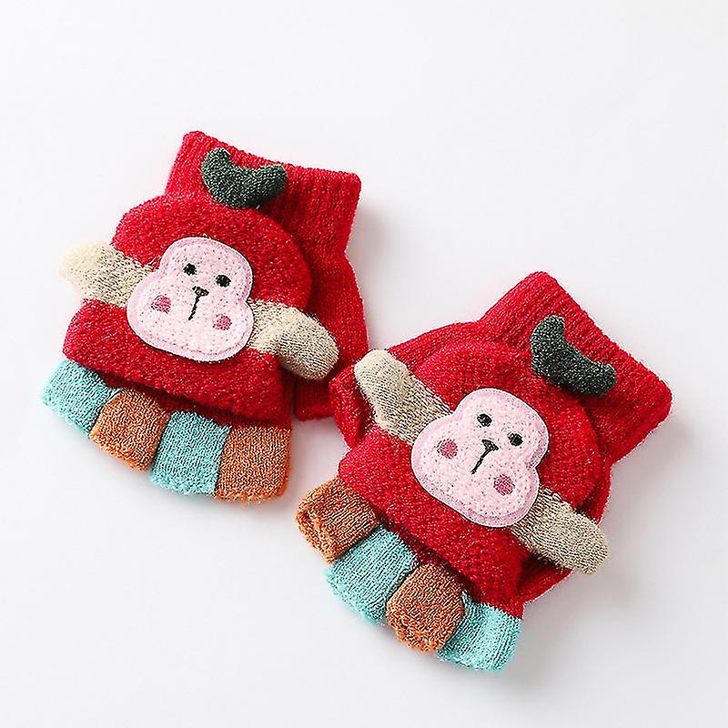 Kids Winter Gloves Warm Flip Top Fingerless Gloves Cartoon Monkey Half Finger Knitted Mittens With Cov