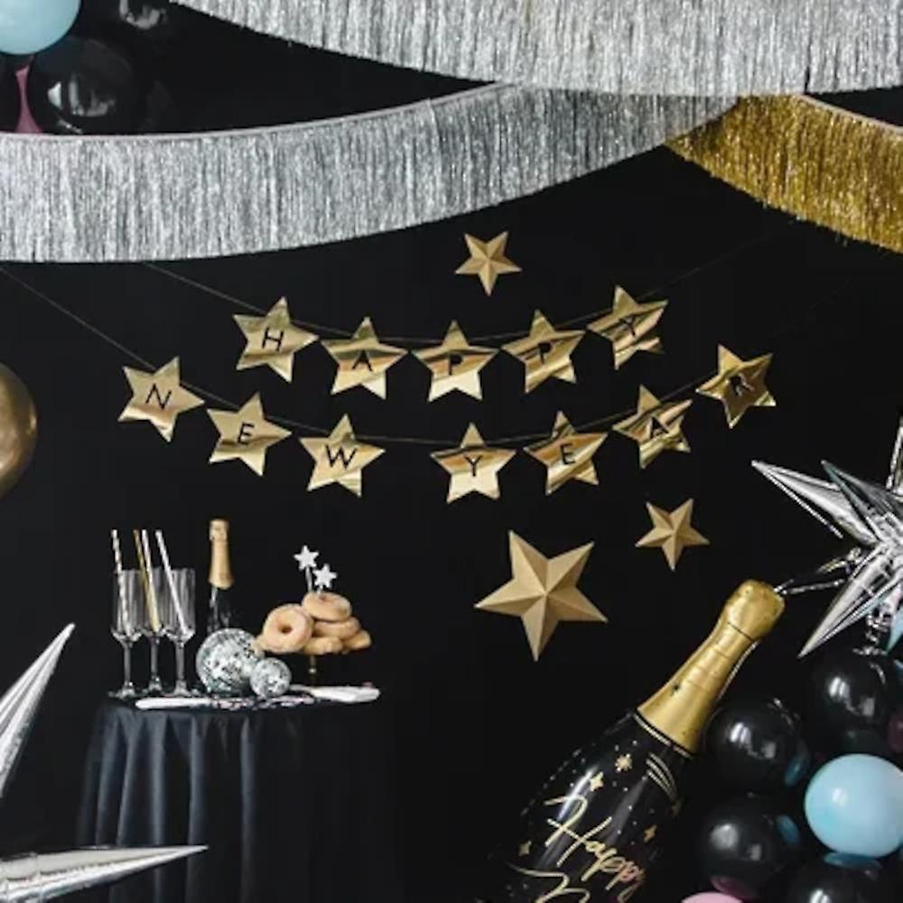 Happy New Year Gold Banner | Party Hanging Decorations Star Garland Sign 2.9m