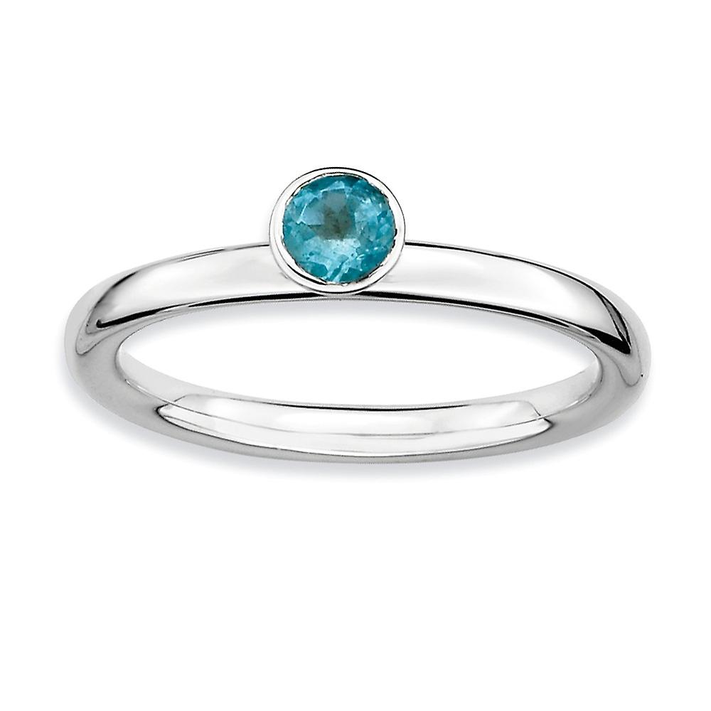 925 Sterling Silver Bezel Polished Stackable High 4mm Round Blue Topaz Ring Stackable Ring for Women - Ring Size: 5 to 1