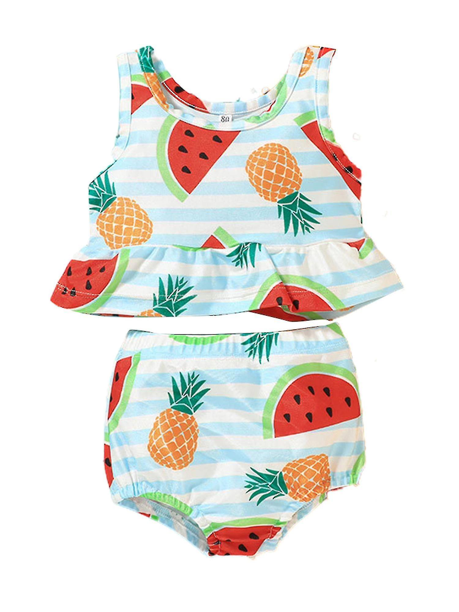 Çocuk Kızlar Baskılı Tatil Mayo Fırfır Tank Üst Brief Mayo Seti Yaz Mayo