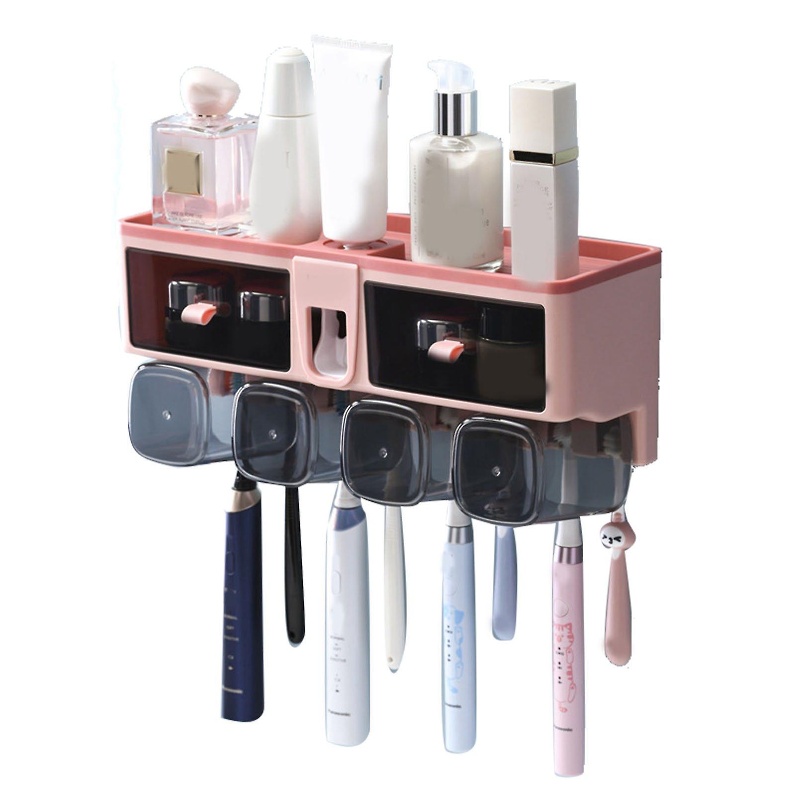 Wall Mounted Toothbrush Holder with 4 Pink Cups