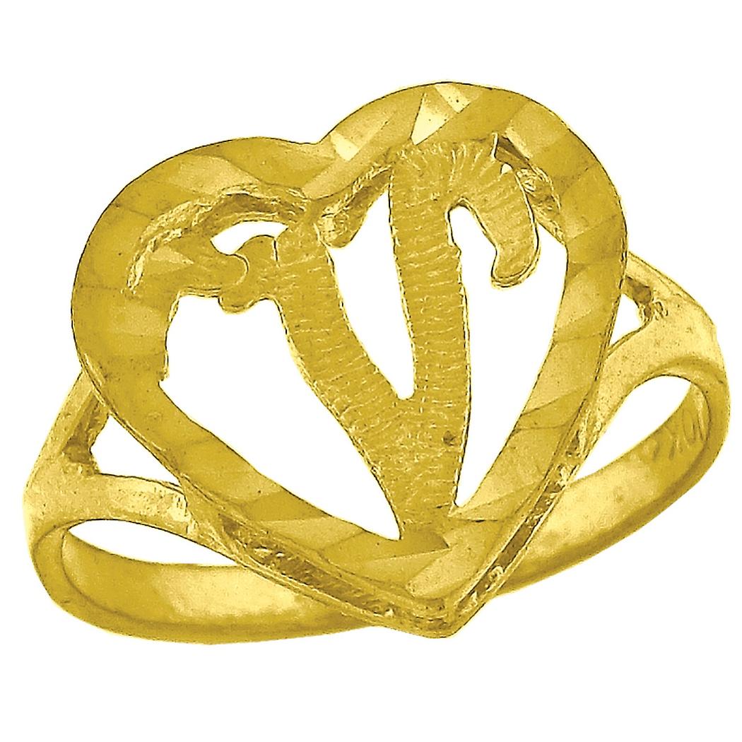 10KイエローゴールドレディースラブハートレターネームパーソナライズされたモノグラムイニシャルVリング15x2.00mmワイドサイズ7.5ステートメントリン