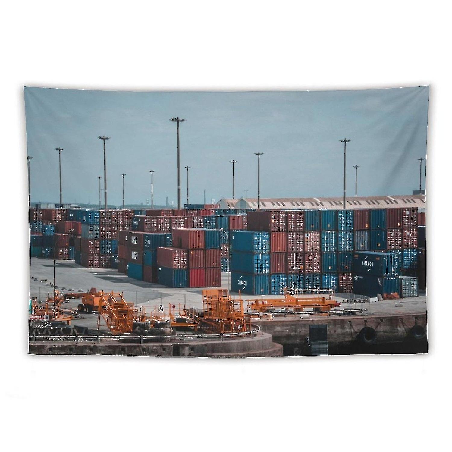 Intermodal containers stacked on port typographic art tapestry