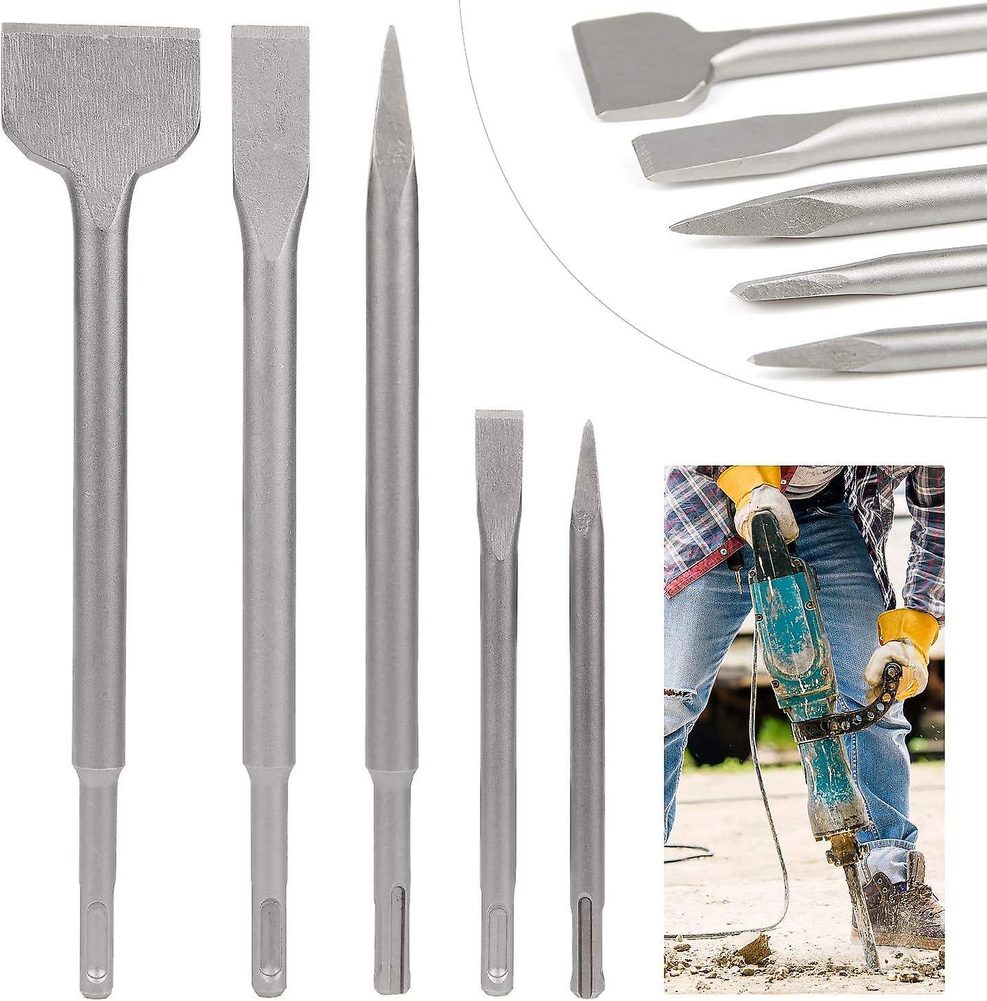 SDS Chisel Set of 5 Chisels with 2 Pointed Chisels and 3 Flat Chisels, Concrete Drill Tool