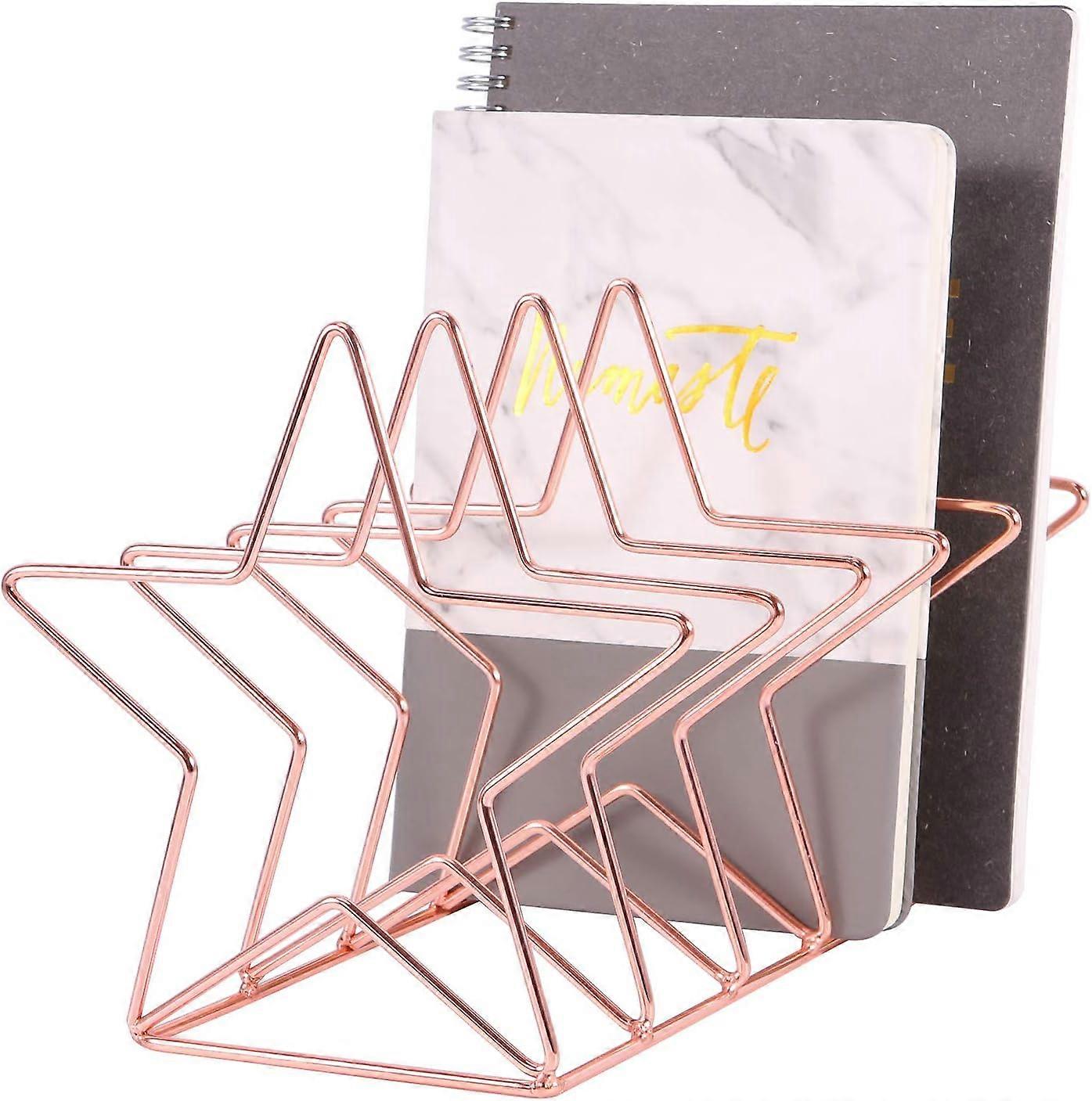 Magazine Holder File Sorter, Metal 5 Slot Desk Organizer Rack for Document, Folder, Letter and Book, Rose Gold, Pentastar Shape