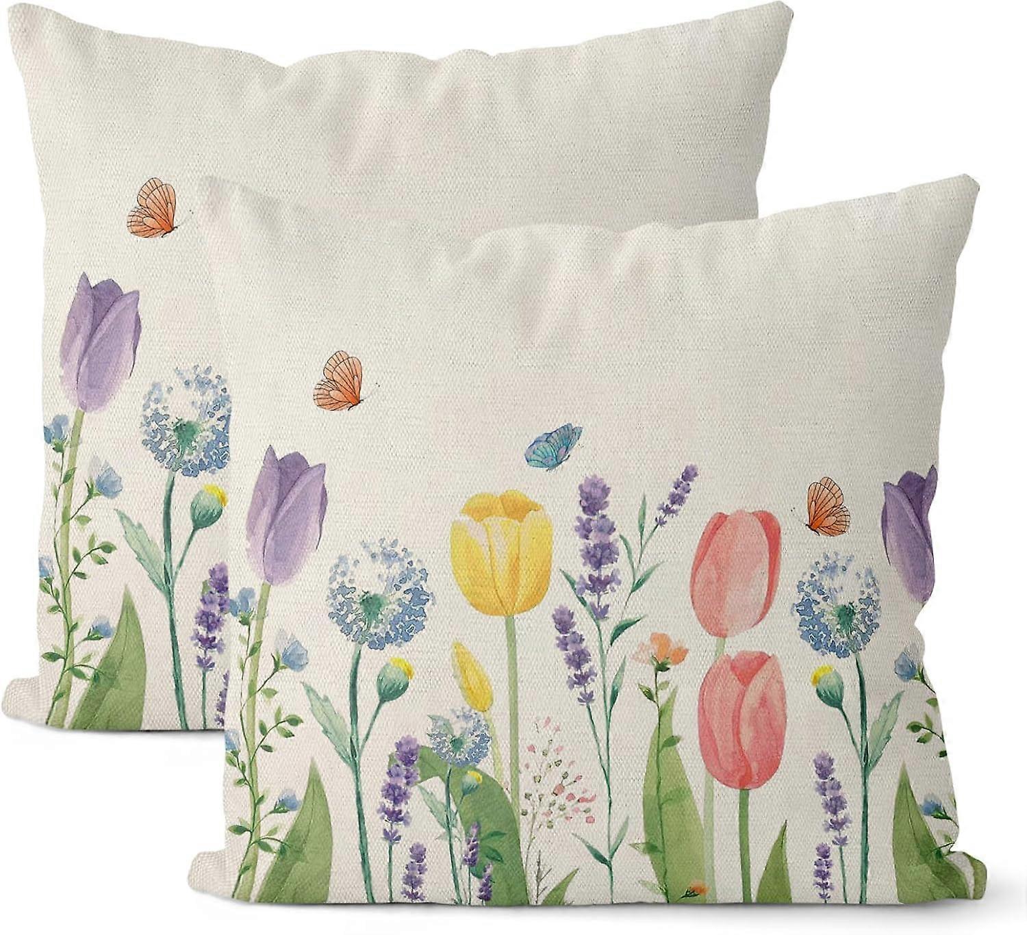Spring Pillow Covers 18x18 Set of 2, Tulip Lavender Butterfly Throw Pillow Covers Flowers Decorative Mother's Day Pillowcase Spring Decor for Home Cou