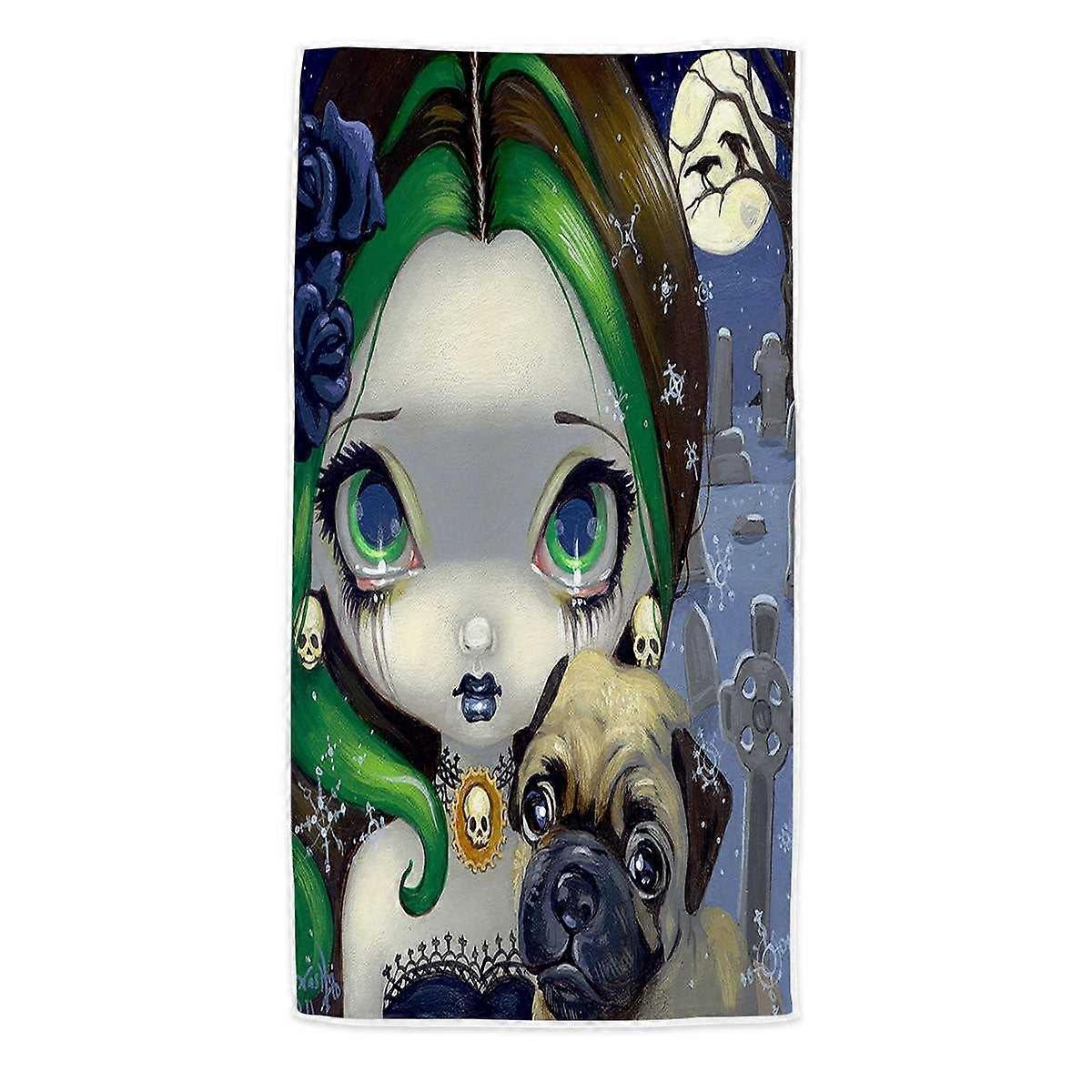 Faces of Faery #145 Cemetery Goth Girl and Pug Dog Microfiber Beach Towel