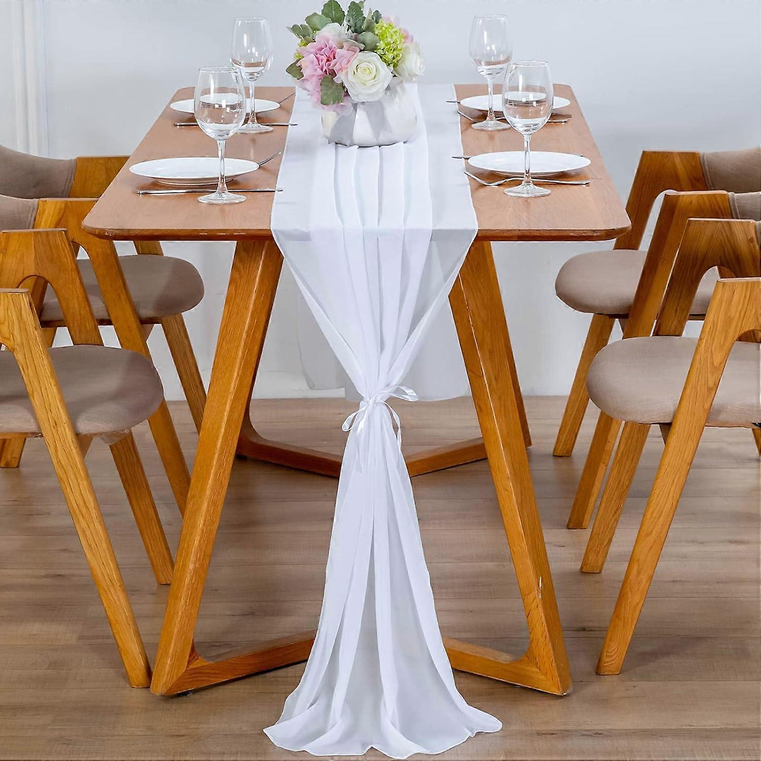 Modern Chiffon Table Runner - 70 x 300 cm - Washable - Decorative Fabric Table Runner (White)