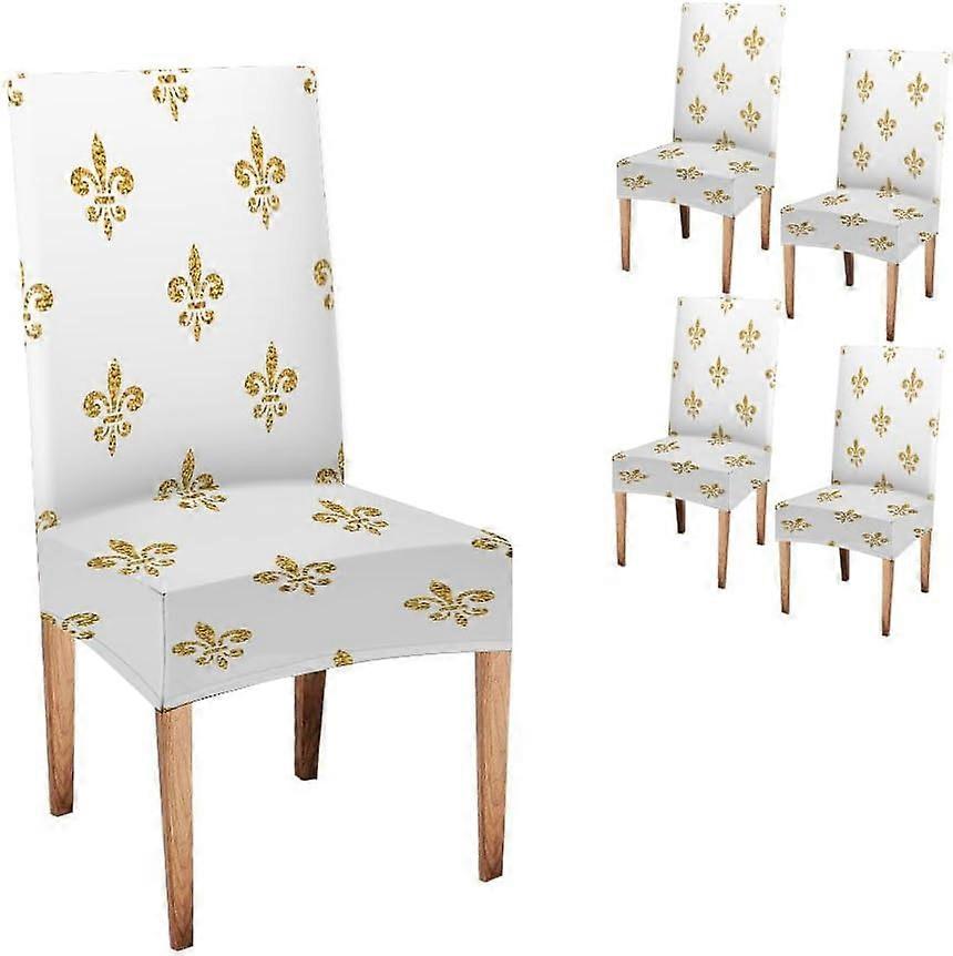 Abstract Fleur De Lis Dining Room Chair Slipcovers 4 Pack Golden Fleurdelis Pattern Gold Glitter and White Template Floral Glowing Spandex Super Fit S