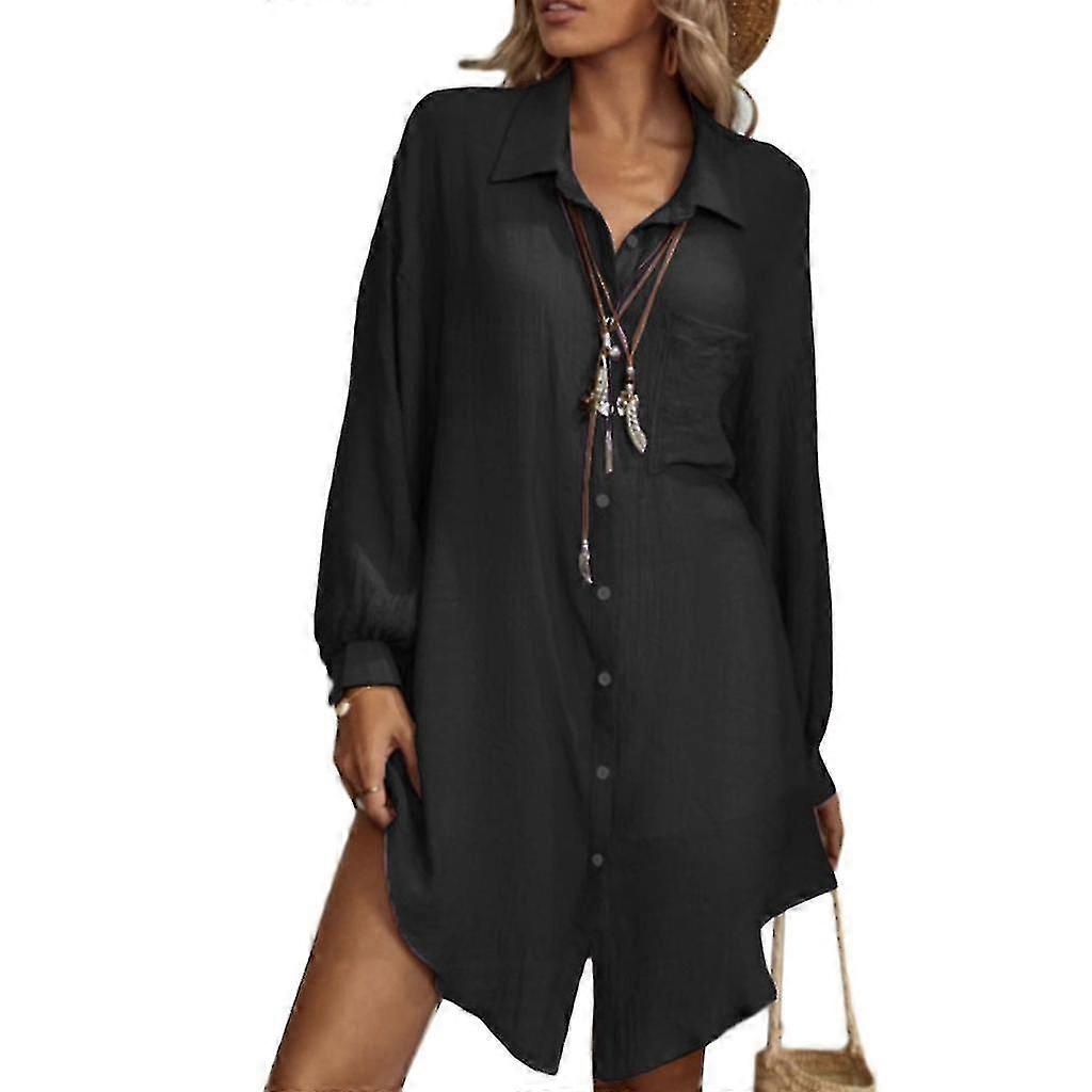 Womens Cotton Linen Shirt Long Sleeve Solid Collar Button Down Blouses Tops