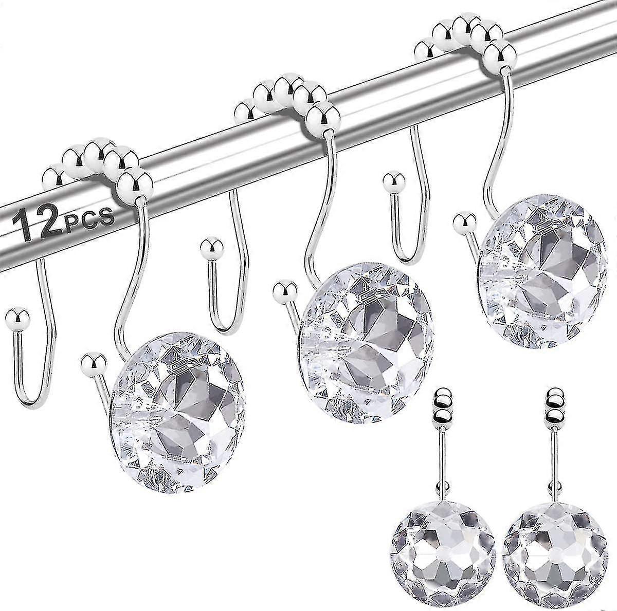 12pcs Shower Curtain Hooks Rings For Bathroom, Double Hooks Glide Anti Rust Crystal Rhinestones Hooks Rods Curtains And Liner