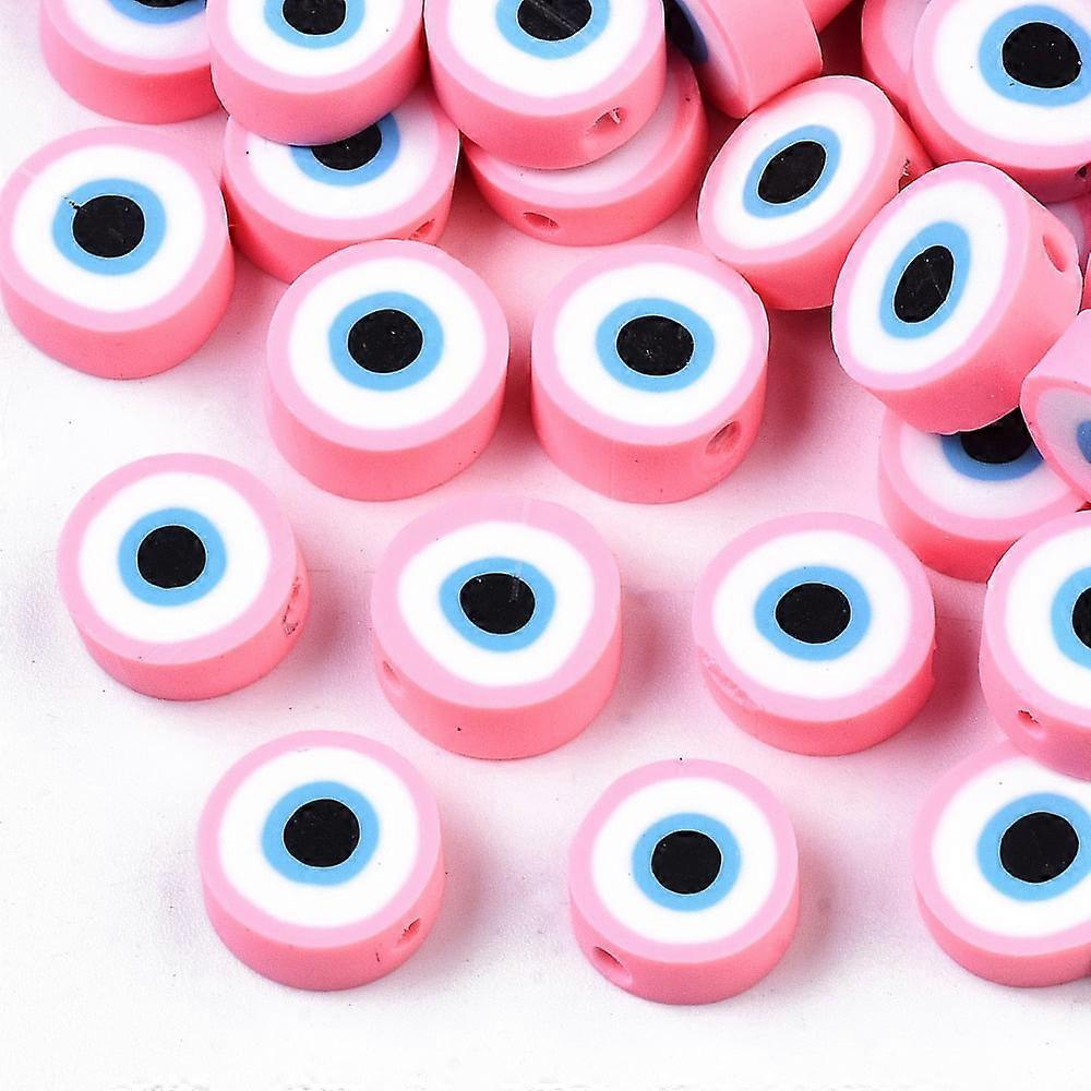 50pc Handmade Polymer Clay Beads Flat Round with Evil Eye Pink 10.5~12.5x3.5~4.5mm Hole: 1.5mm