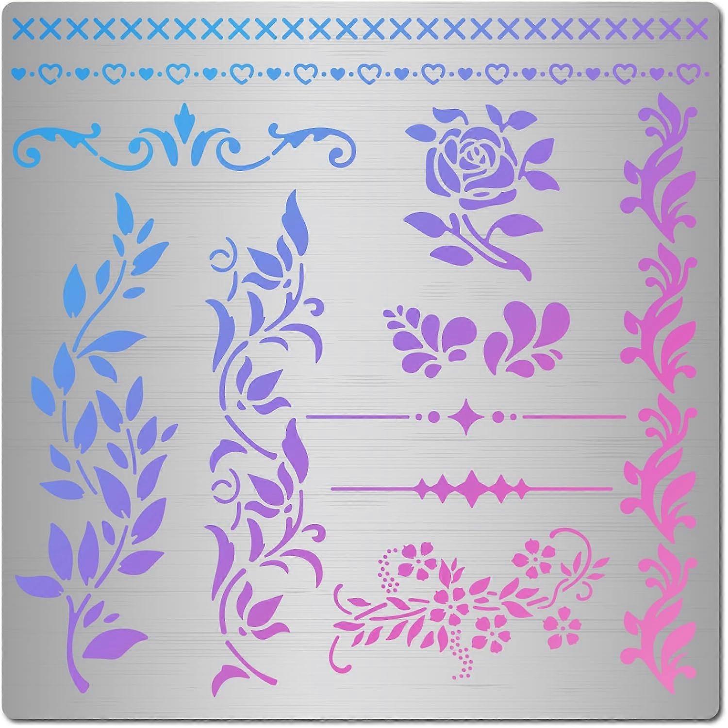 Metal Vine Stencil 16x16cm Leaves Vine Rose Flower Edge Trim Pattern Stencils Template Reusable Stainless Steel Painting Template for Wood Carving Bur